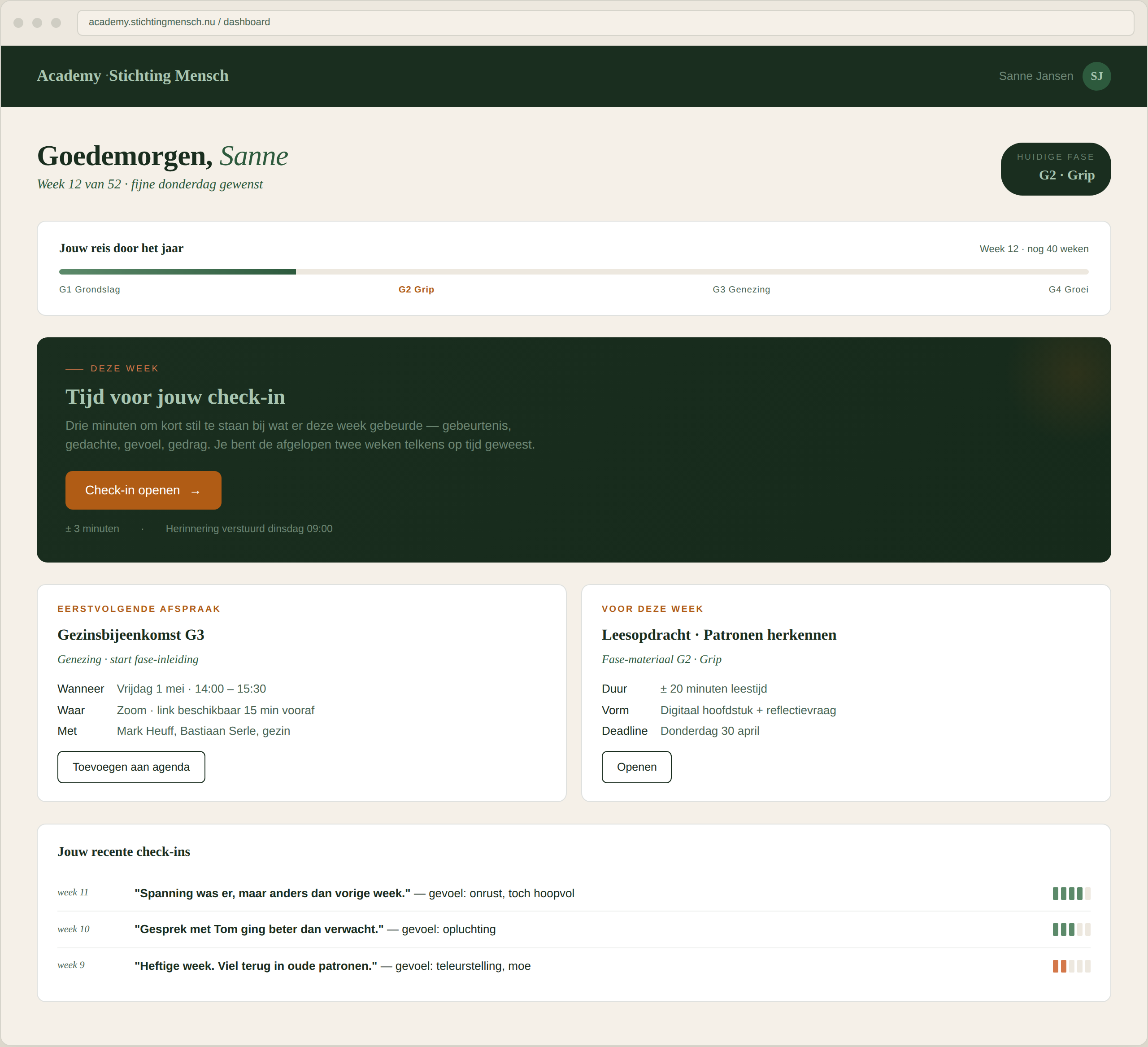 Academy App deelnemersdashboard voor Sanne Jansen